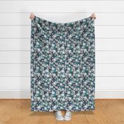 549 - Medium scale Grungy bold florals in soft muted colours of turquoise, baby pink, dark periwinkle blue and grey - for women's apparel, sophisticated wallpaper, curtains, duvet covers and elegant table cloths