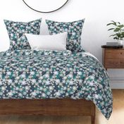 549 - Medium scale Grungy bold florals in soft muted colours of turquoise, baby pink, dark periwinkle blue and grey - for women's apparel, sophisticated wallpaper, curtains, duvet covers and elegant table cloths