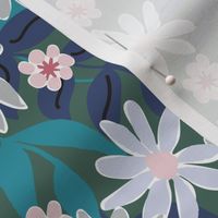 549 - Medium scale Grungy bold florals in soft muted colours of turquoise, baby pink, dark periwinkle blue and grey - for women's apparel, sophisticated wallpaper, curtains, duvet covers and elegant table cloths