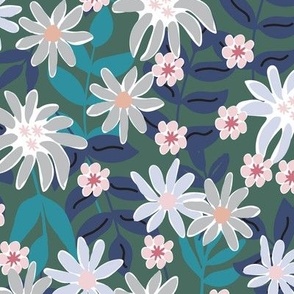 549 - Medium scale Grungy bold florals in soft muted colours of turquoise, baby pink, dark periwinkle blue and grey - for women's apparel, sophisticated wallpaper, curtains, duvet covers and elegant table cloths