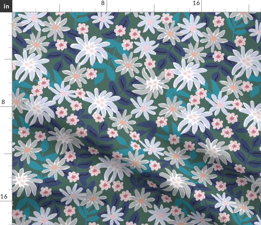 549 - Medium scale Grungy bold florals in soft muted colours of turquoise, baby pink, dark periwinkle blue and grey - for women's apparel, sophisticated wallpaper, curtains, duvet covers and elegant table cloths