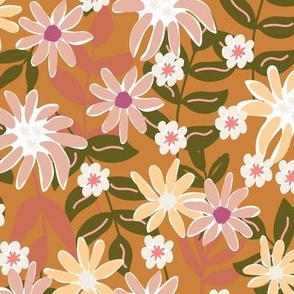 549 - Medium scale Grungy bold florals in soft muted mustard, peach, olive green and mauve - for women's apparel, sophisticated wallpaper, curtains, duvet covers and elegant table cloths