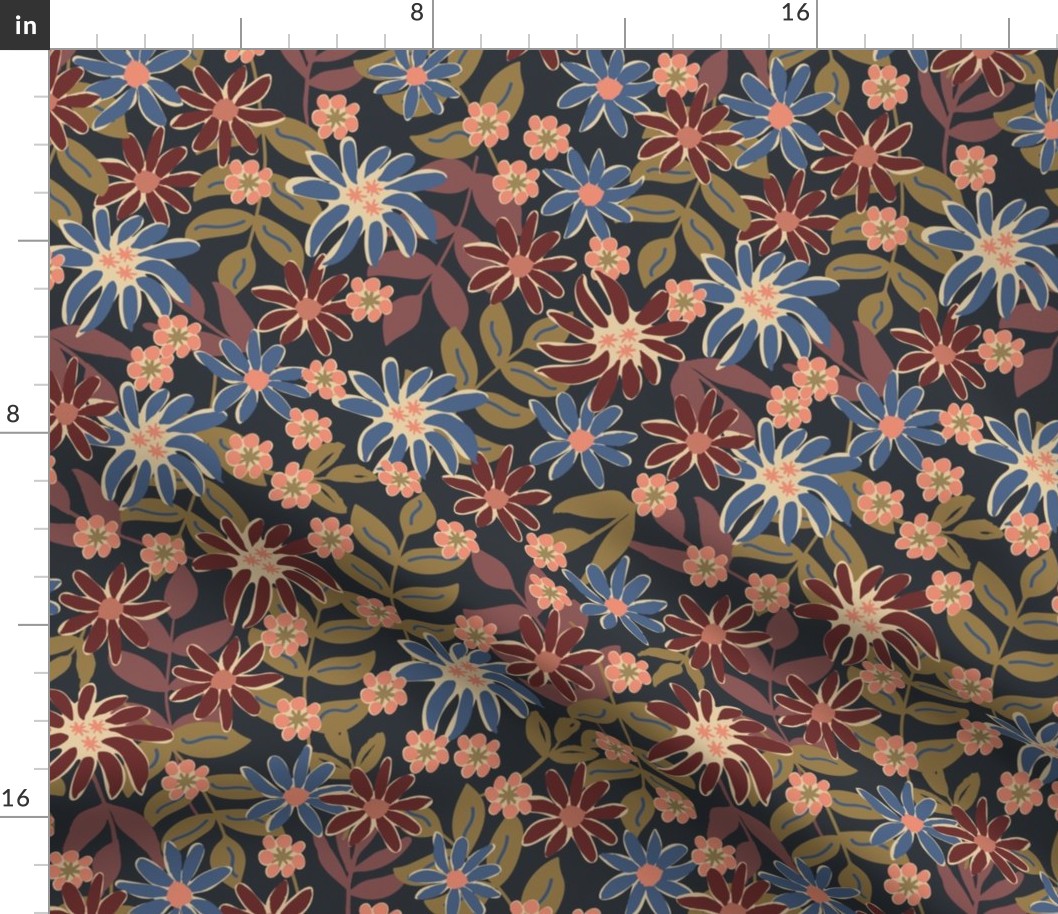 549 - Medium scale Grungy bold florals in soft muddy muted colours of denim blue, peach coral, tobacco and navy blue - for women's apparel, sophisticated wallpaper, curtains, duvet covers and elegant table cloths