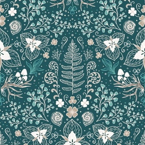 Wildwood flora.  Forest biome. Botanical damask  - Emerald and sand -Large scale