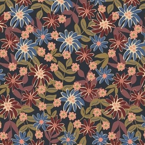 549 - Small scale Grungy bold florals in soft muddy muted colours of denim blue, peach coral, tobacco and navy blue - for women's apparel, sophisticated wallpaper, curtains, duvet covers and elegant table cloths