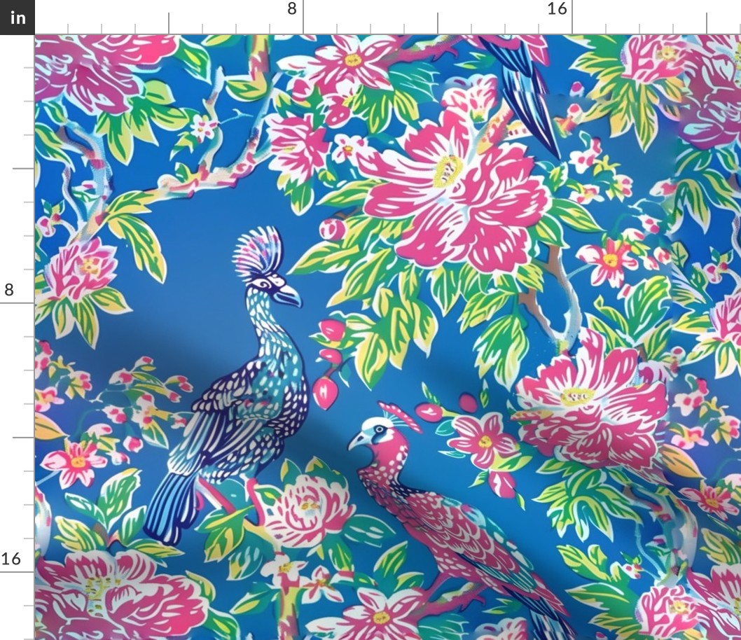 Preppy chinoiserie peacocks on cornflower blue