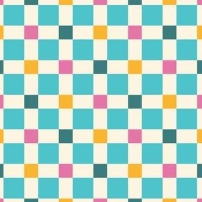 S. Bright colored checkers, teal, yellow and hot pink on cream white