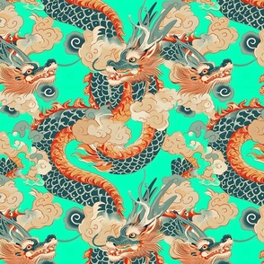 Chinoiserie dragon on bright green turquoise