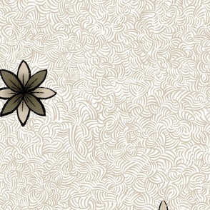 Minimilist Flowers on Curvy Hatched background _ Olive Green
