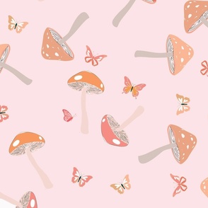 Delicate Pink Mushrooms and Whimsical Butterflies