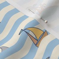Wavy Sea Stripe Sailing Boats and Yachts Fun Coastal Beach Trip in Baby Blue and Cream