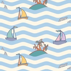 Wavy Sea Stripe Sailing Boats and Yachts Fun Coastal Beach Trip in Baby Blue and Cream