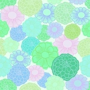 great-grandma's retro zinnias, winter version, on seafoam green