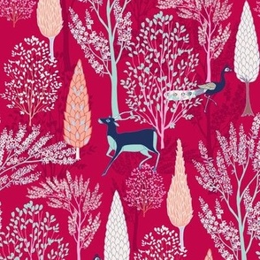 Enchanting Surreal Forest//Fuchsia//Whimsical//small scale//mughal garden//peacock, deer//homedecor//fabric