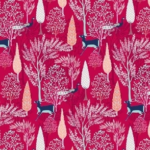 Enchanting Surreal Forest//Fuchsia//Whimsical//mini scale//mughal garden//peacock,deer//wallpaper//homedecor//fabric