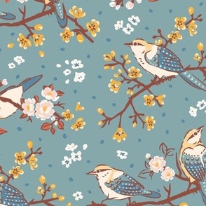 Oriental birds and wintersweet flower buds and roses collection_29_blue