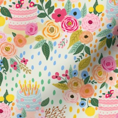 Floral Birthday party//celebration// roses, cakes, candles, flowers //medium scale//wallpaper//home decor//fabric