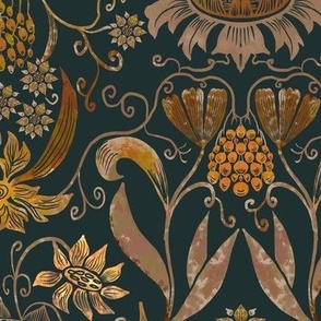12” repeat medium heritage vintage handdrawn sunflowers, tulips, grapes  in damask style earthy browns on deep moody green