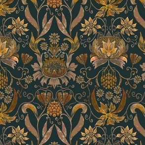 6” repeat small heritage vintage handdrawn sunflowers, tulips, grapes  in damask style earthy browns on deep moody green