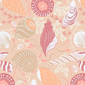 (L) Seashells, clams and sea urchin in pantone peach fuzz