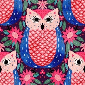 Cute Owl Folk art style Birds of Prey //one directional//small scale//fun pattern//kids//fabric