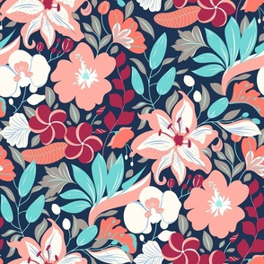 medium scale 18 inch repeat // Tropical Florals bright and bold plumeria firangipani lilies colorway  navy blue and peach