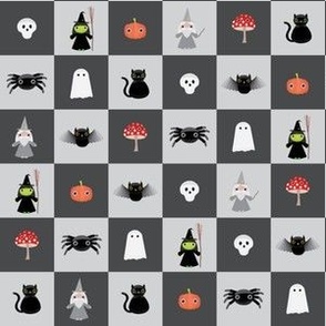 Mini - One inch geometric checkerboard of cute Halloween characters for spooky season - silver grey and charcoal gray