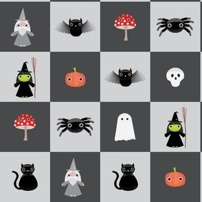 Midi - Two inch geometric checkerboard of cute Halloween characters for spooky season - silver grey and charcoal gray