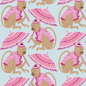 monkeys with parasols/pink on light mint/large