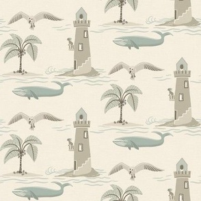 (S) seascape with lighthouses and whales in tonal colors