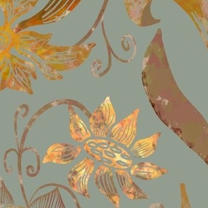 24” repeat heritage large handdrawn sunflowers, tulips, grapes  in damask style earthy orange golden browns on sage green