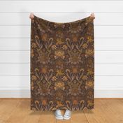 24” repeat heritage large handdrawn sunflowers, tulips, grapes  in damask style earthy orange golden browns on chocolate brown