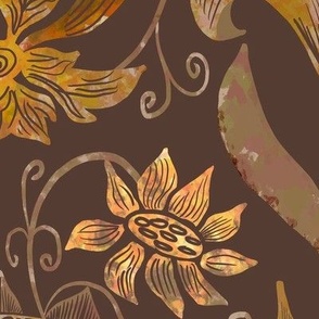 24” repeat heritage large handdrawn sunflowers, tulips, grapes  in damask style earthy orange golden browns on chocolate brown
