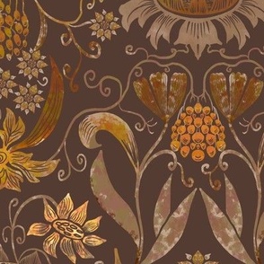 12” repeat heritage medium handdrawn sunflowers, tulips, grapes  in damask style earthy orange golden browns on chocolate brown