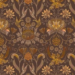 6” repeat heritage small handdrawn sunflowers, tulips, grapes  in damask style earthy orange golden browns on chocolate brown