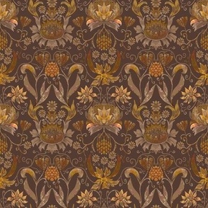 4” repeat heritage very small handdrawn sunflowers, tulips, grapes  in damask style earthy orange golden browns on chocolate brown