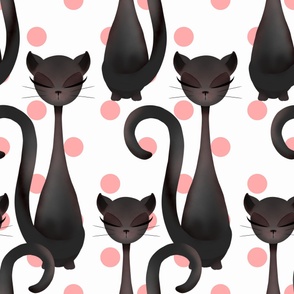 Black cat over pink polka dots