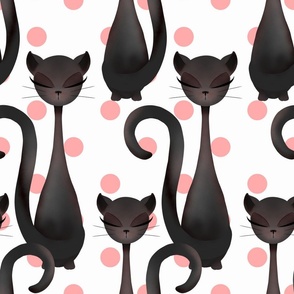 Black Cat over Pink polka dots, medium 
