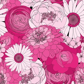 Retro Florals - 70s Groove - Bouquet - Monochrome Pinks  - Peonies, Zinnias, Ranunculus, Daisies, Roses, and Forget-me-nots
