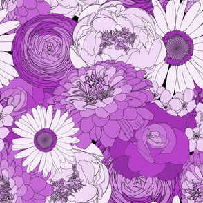 Retro Florals - 70s Groove - Bouquet - Monochrome Purples  - Peonies, Zinnias, Ranunculus, Daisies, Roses, and Forget-me-nots