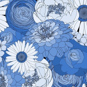 Retro Florals - 70s Groove - Bouquet - Monochrome Blues - Peonies, Zinnias, Ranunculus, Daisies, Roses, and Forget-me-nots