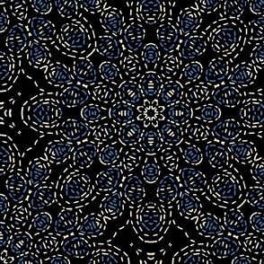Kaleidoscope Cascade in Blue and Cream on Black