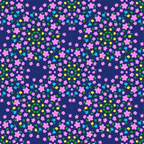 Pixie Flowers Multi-Color Mini Yellow, Turquoise Blue And Bubblegum Pink Meadow Blooms With Green Leaves On A Navy Background Ditzy Hand-Illustrated Retro Modern Repeat Pattern