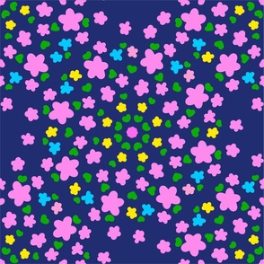 Pixie Flowers Multi-Color Yellow, Turquoise Blue And Bubblegum Pink Meadow Blooms With Green Leaves On A Navy Background Ditzy Hand-Illustrated Retro Modern Repeat Pattern