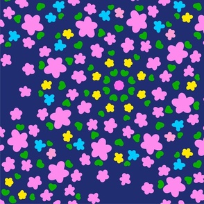 Pixie Flowers Multi-Color Big Yellow, Turquoise Blue And Bubblegum Pink Meadow Blooms With Green Leaves On A Navy Background Ditzy Hand-Illustrated Retro Modern Repeat Pattern