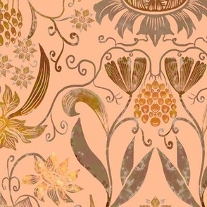 12” repeat heritage medium handdrawn sunflowers, tulips, grapes  in damask style earthy orange golden browns on peach fuzz Pantone colour of the year