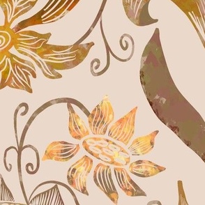24” repeat heritage large handdrawn sunflowers, tulips, grapes  in damask style earthy orange golden browns on pale cream