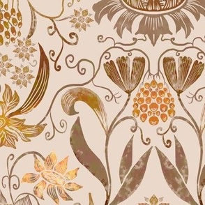 12” repeat heritage medium handdrawn sunflowers, tulips, grapes  in damask style earthy orange golden browns on pale cream