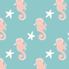 WHIMSICAL SEAHORSES AND STARFISH ON TURQU