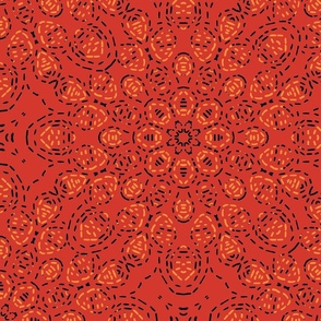 Kaleidoscope Cascade in Orange and Black on Red